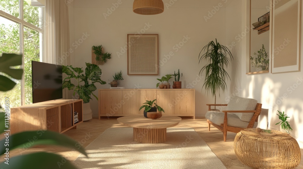 Fototapeta premium Minimalist Living Room with Natural Wood Furniture Plants and Eco-Friendly Decor
