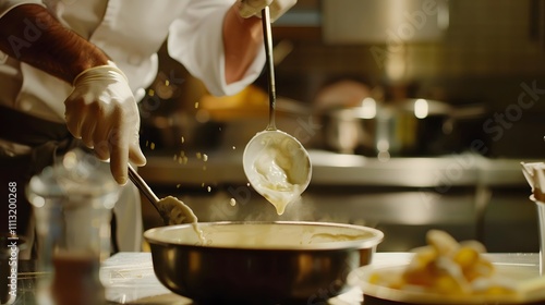 a chef in a professional kitchen using milk products  photo