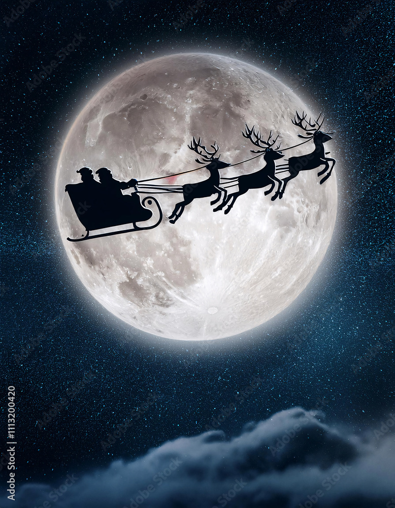 Naklejka premium Santa Claus flies his sleigh pulled by reindeer through a starry night sky with a full moon