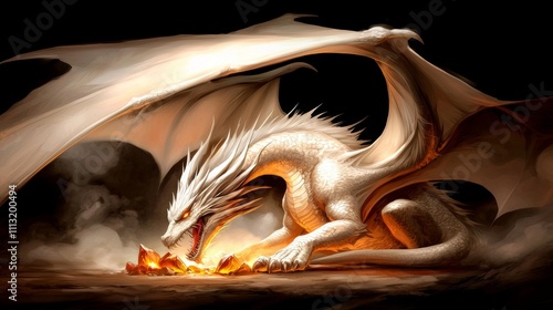 A majestic white dragon breathing fire in a dramatic, fantasy setting.