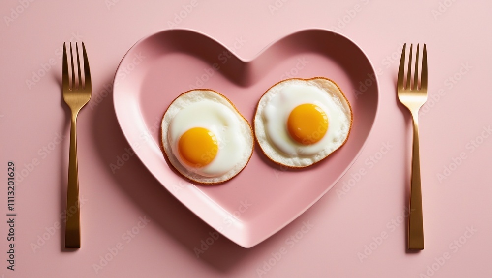 Two fried eggs on a heart shaped plate with spoons Two fried eggs on a heart shaped plate with spoons