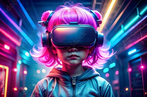 young girl wearing VR futuristic