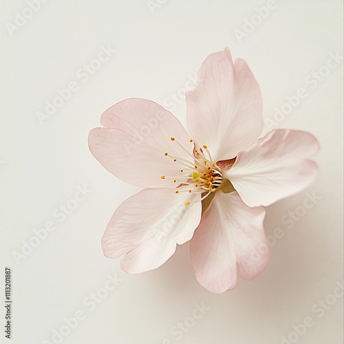 A close-up of a simple cherry blossom flower, placed against a plain, light background. The petals are soft pink, gradually lightening toward the edges, with delicate veins running through them. The