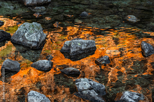 Natural background with a mirror image in a mountain lake in autumn photo