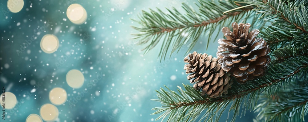 Pine cones hanging on pine tree branch with falling snow and bokeh lights Pine cones hanging on pine tree branch with falling snow and bokeh lights