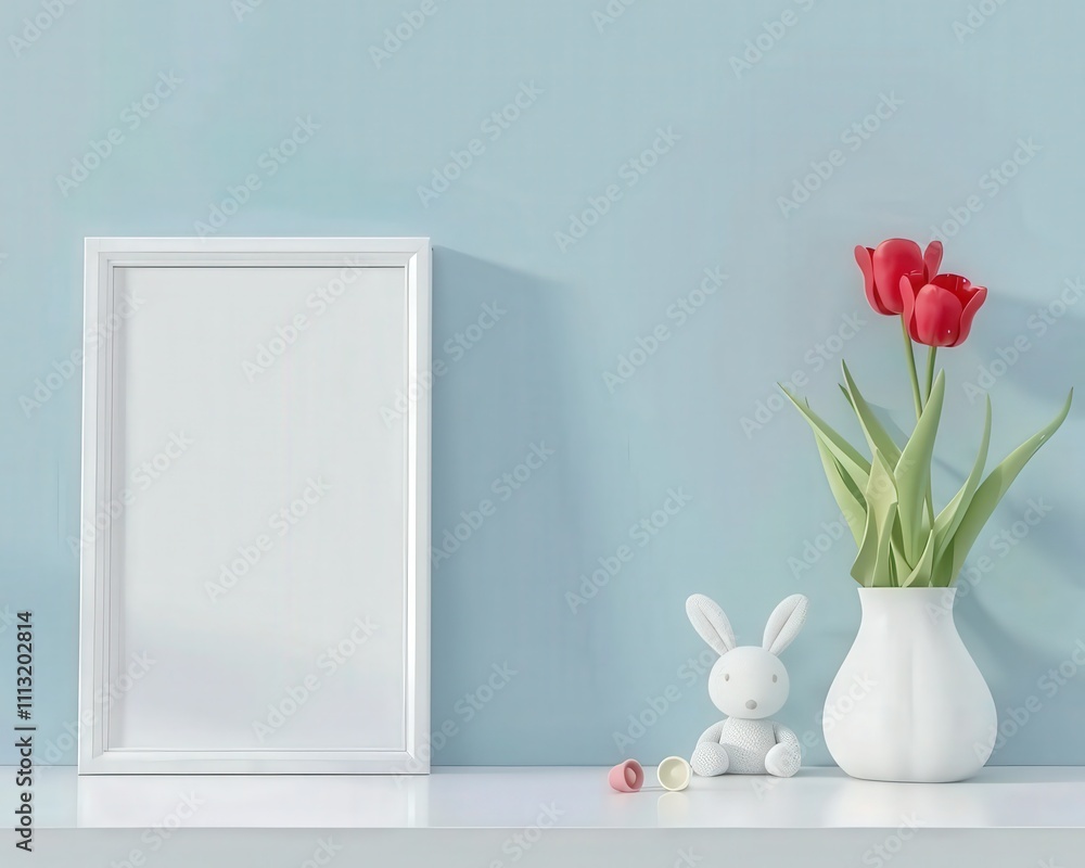 White frame mockup with red tulips. a bunny. and pastel-colored eggs on a white shelf against a light blue wall White frame mockup with red tulips. a bunny. and pastel-colored eggs on a white shelf against a light blue wall