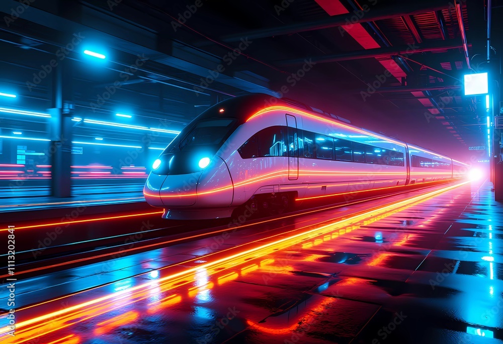 Futuristic High-Speed Train In Neon-Lit Underground Station Futuristic High-Speed Train In Neon-Lit Underground Station