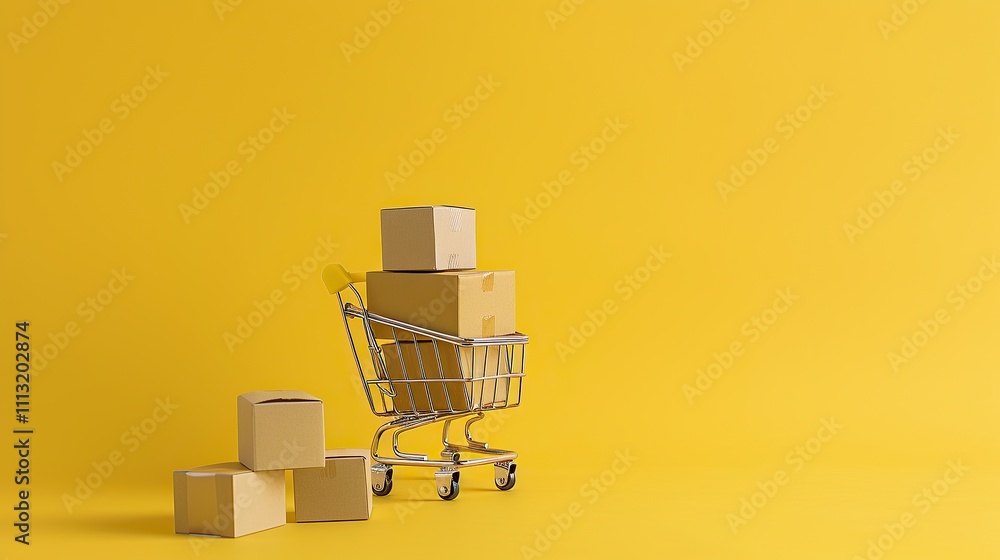 Shopping Cart Full of Cardboard Boxes on Yellow Background Shopping Cart Full of Cardboard Boxes on Yellow Background