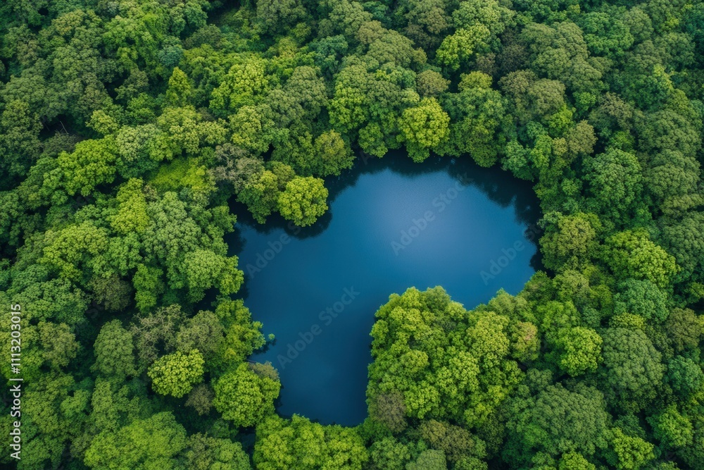 Naklejka premium Aerial view of a serene lake nestled within a lush green forest.