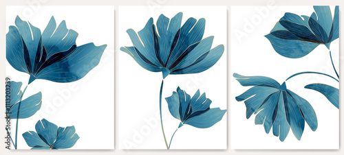 Floral art background with blue flowers hand drawn in watercolor style. Botanical poster set for cover design, print, wallpaper, packaging, social media, textile, postcard, interior