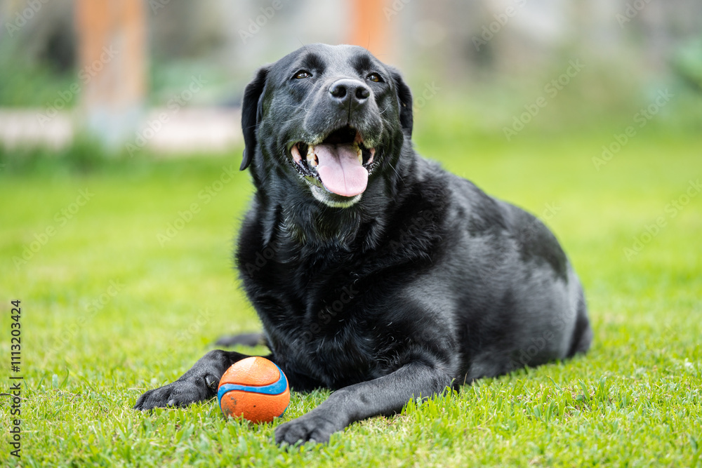 Happy black labrador retriever lying on grass with ball Happy black labrador retriever lying on grass with ball