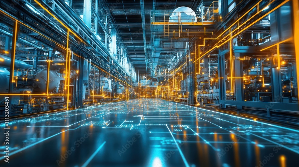 Fototapeta premium Futuristic industrial setting with glowing circuitry and technology.
