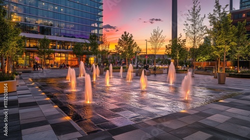 A dramatic twilight view of a city square revitalization project with illuminated fountains and contemporary urban art installations, City square revitalization scene, Urban regeneration style