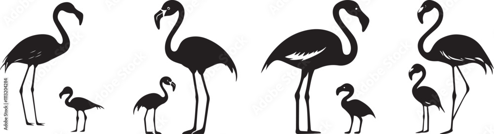 Silhouette set of flamingo bird with his baby, vector silhouette Silhouette set of flamingo bird with his baby, vector silhouette