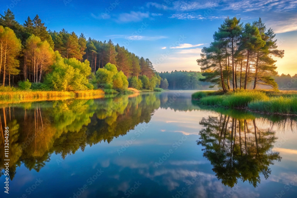 Serene sunrise over calm lake with tree reflections and lush forest. Serene sunrise over calm lake with tree reflections and lush forest.