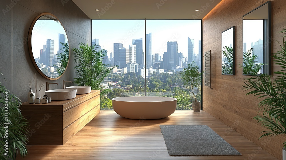 Fototapeta premium Modern City View Bathroom With Wooden Accents And Plants