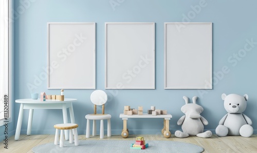 Fototapeta Naklejka Na Ścianę i Meble -  Three blank picture frames in a light blue room with a toy table. chairs. and stuffed animals