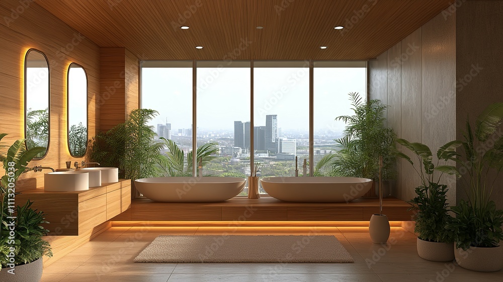 Fototapeta premium Modern minimalist bathroom features double soaking tubs and city view