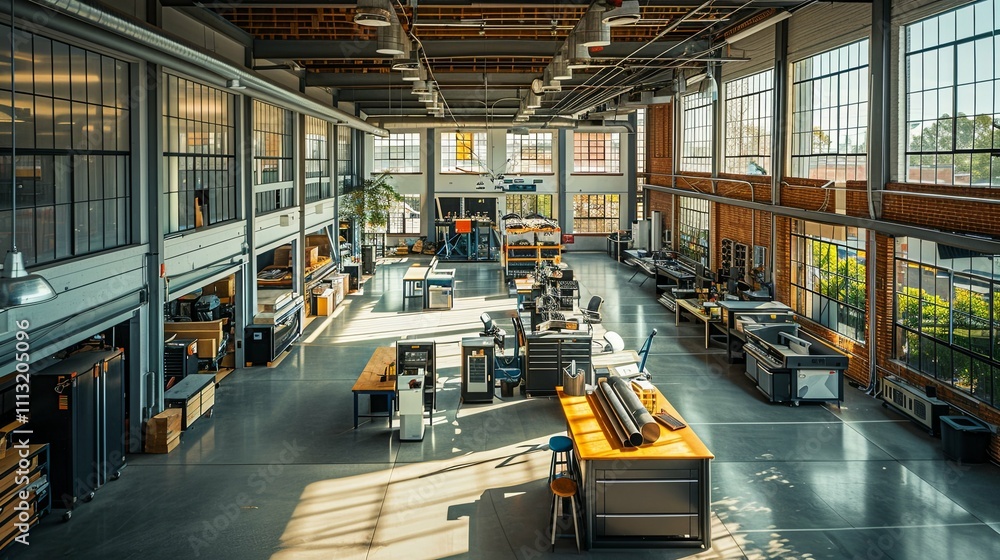 Sunlit Industrial Workspace: A Spacious, Well-Equipped Modern Workshop Sunlit Industrial Workspace: A Spacious, Well-Equipped Modern Workshop