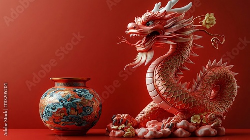 Wallpaper Mural A stunning dragon sculpture celebrating Chinese New Year, perfect for promoting events and decorations for the Year of the Dragon, with vibrant reds and golds. Torontodigital.ca