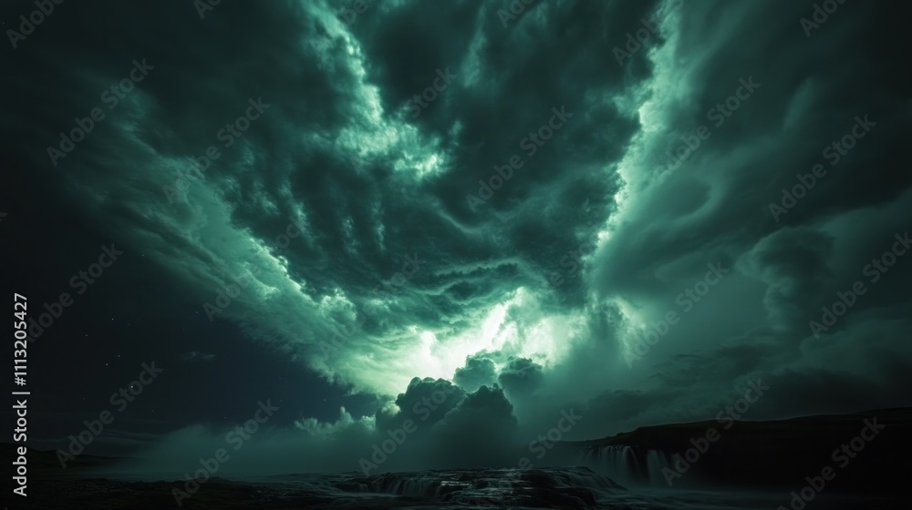Fototapeta premium Dramatic night sky illuminated by vibrant clouds and ethereal light.