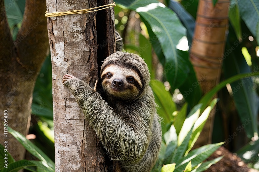 Charming Sloth Hidden in Tropical Tree Trunk Under Soft Summer Banner Charming Sloth Hidden in Tropical Tree Trunk Under Soft Summer Banner