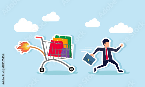 A businessman running to avoid a chasing cart filled with shopping bags, with a lit fuse, illustration of being chased by business expenses or shopping bills