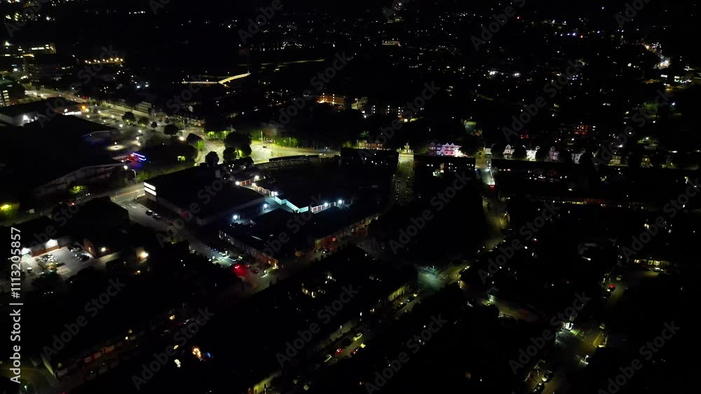 Aerial View of Illuminated Central Reading City of London, England United Kingdom during Full Moon Night of September 20th, 2024. Drone's Camera Footage from High Altitude Aerial View of Illuminated Central Reading City of London, England United Kingdom during Full Moon Night of September 20th, 2024. Drone's Camera Footage from High Altitude