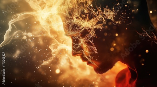 Silhouette profile of a man with glowing golden energy waves and neural pathways emanating from his head in a dark abstract space.