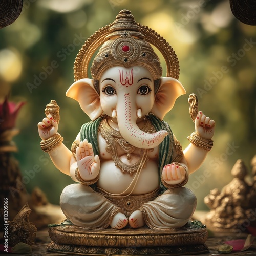 Cute lord Ganesha idol sits. Religious Hindu art. Detailed sculpture with elephant head. Traditional Hindu god. Ancient deity. Indian culture. Peaceful divine figure. Cultural heritage. Festival