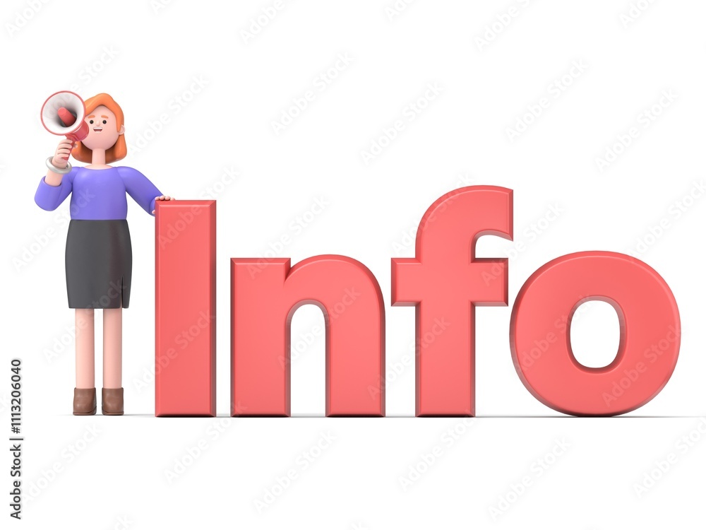 Naklejka premium 3D illustration of European businesswoman Ellen with a megaphone and word -Info .Mockup 3d character illustration.3D rendering on white background.