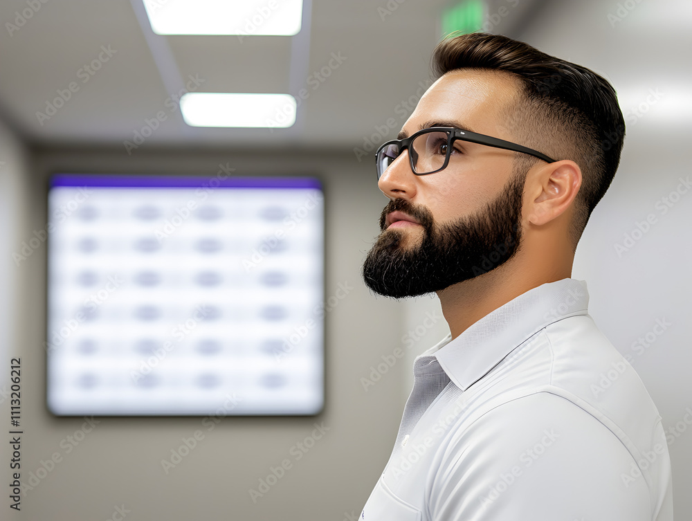 focused man with beard and glasses stands in modern office corridor, gazing thoughtfully at digital dashboard displaying inventory data focused man with beard and glasses stands in modern office corridor, gazing thoughtfully at digital dashboard displaying inventory data