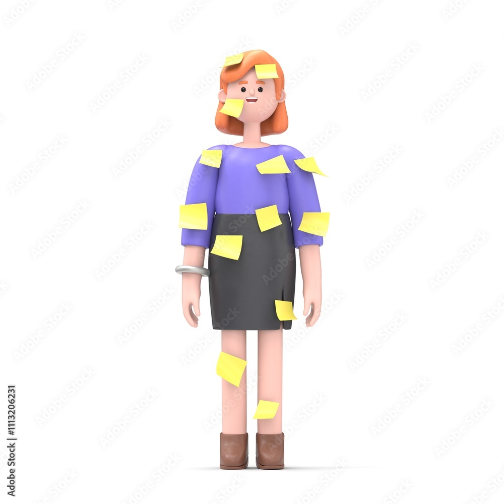 3D illustration of European businesswoman Ellen with a yellow paper. Multitasking. Post it.Mockup 3d character illustration.3D rendering on white background. 3D illustration of European businesswoman Ellen with a yellow paper. Multitasking. Post it.Mockup 3d character illustration.3D rendering on white background.