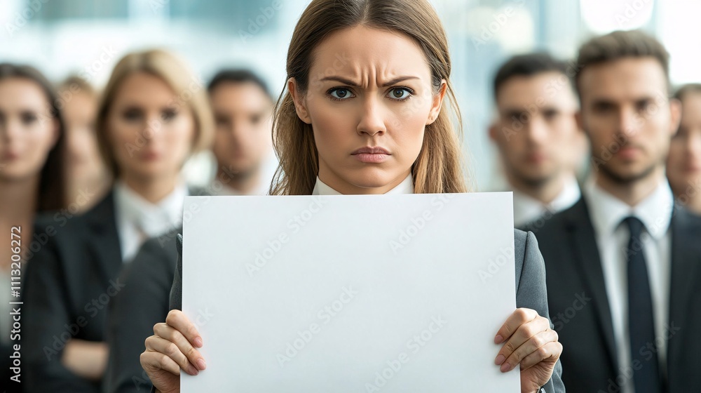 Serious businesswoman holding blank sign with colleagues in background Serious businesswoman holding blank sign with colleagues in background
