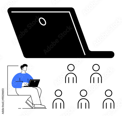 Open laptop student using laptop five online participants, connected dots. Ideal for remote work, e-learning, online training, virtual meetings, telecommuting, digital interaction, teamwork. Line