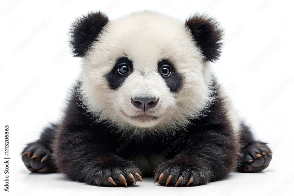 Adorable baby panda cub sitting on white background. Adorable baby panda cub sitting on white background.