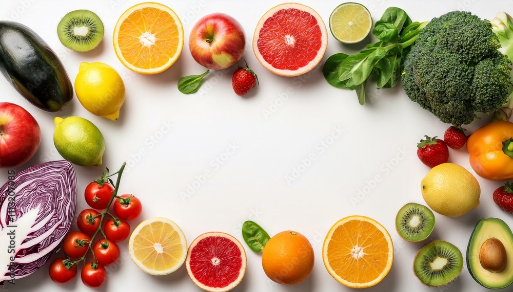Fruit and vegetable frame, top view on isolated white background Fruit and vegetable frame, top view on isolated white background