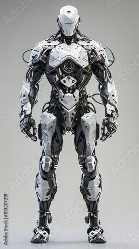 Cybernetic Sentinel: A futuristic, humanoid robot stands stoic and powerful, its sleek white and black exoskeleton radiating a blend of technological prowess and enigmatic mystique.