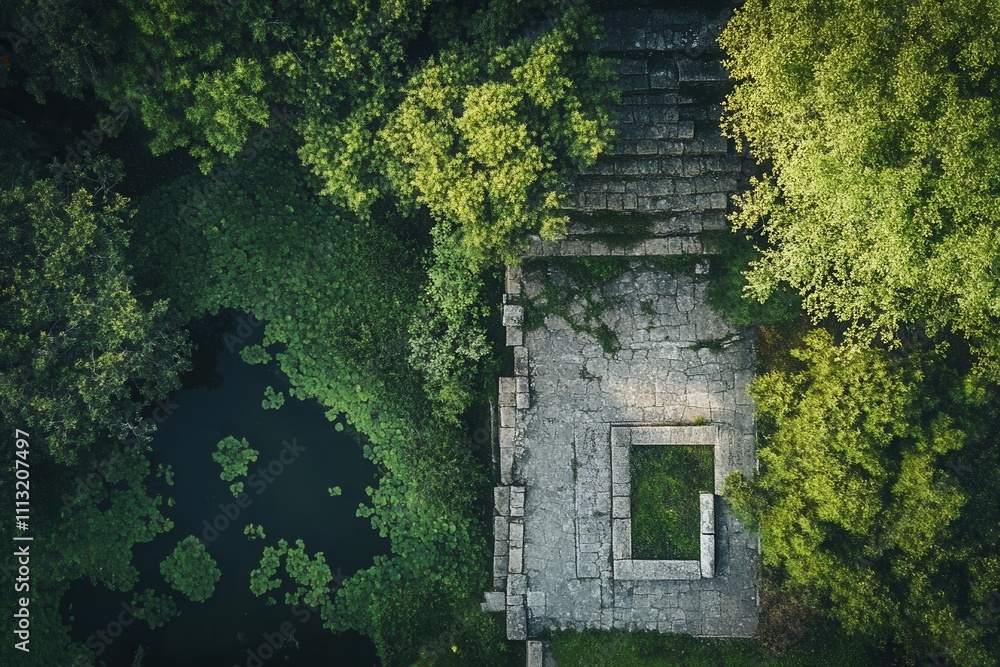 Aerial view of ancient stone ruins overgrown by lush green foliage. Aerial view of ancient stone ruins overgrown by lush green foliage.