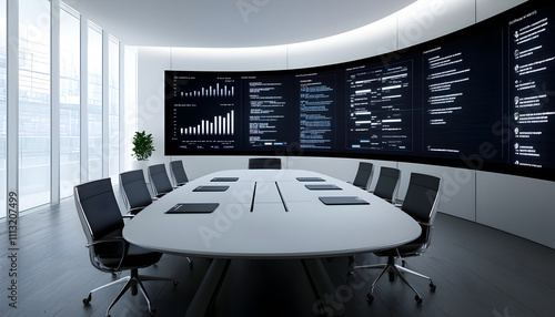 modern conference room featuring large oval table surrounded by black chairs. walls are adorned with interactive digital displays showcasing data visualizations and inventory control dashboards,