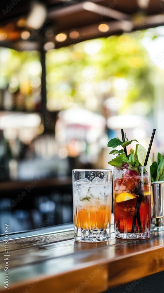 Two colorful cocktails on a wooden bar with a blurred background of a lively setting. Two colorful cocktails on a wooden bar with a blurred background of a lively setting.