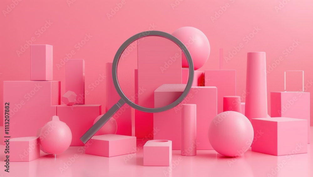 Magnifying Glass Over Pink Geometric Shapes Magnifying Glass Over Pink Geometric Shapes