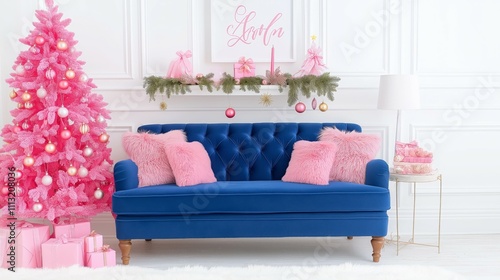 Stylish Pink and Blue Christmas Living Room with Festive Decor and Gifts