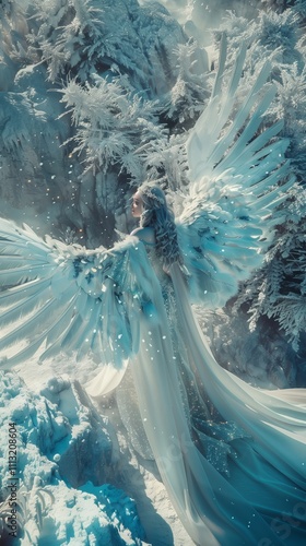 Frozen Angel: A celestial being with ethereal wings emerges from a frosted forest, radiating an otherworldly aura of power and beauty. The icy landscape reflects the angel's ethereal presence. photo