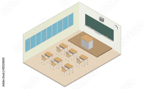 アイソメトリックイラスト：学校の教室