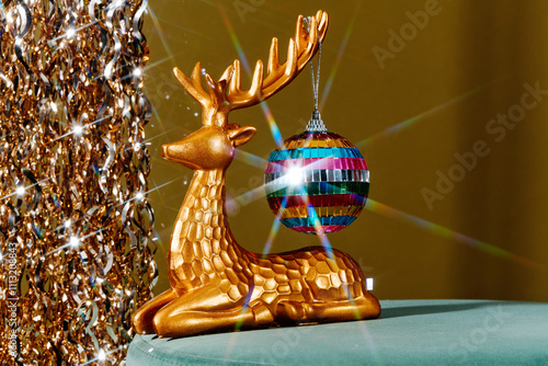 reindeer figurine with a disco ball hanging from its antlers photo