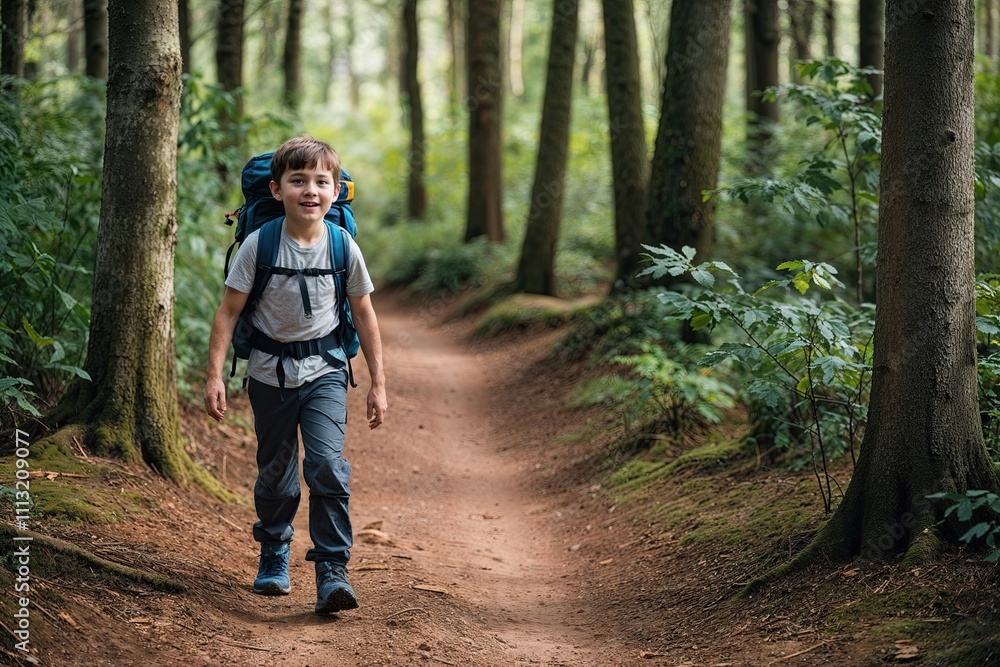Fototapeta premium Young Boy Exploring Forest Trails on an Exciting Adventure