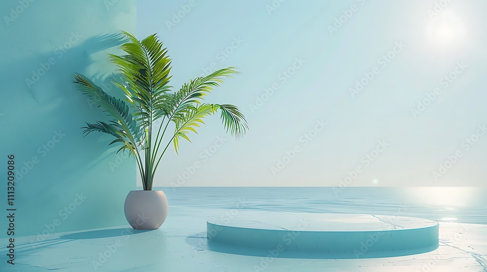Fototapeta premium Empty podium displaying by ocean with potted plant for summer product presentation
