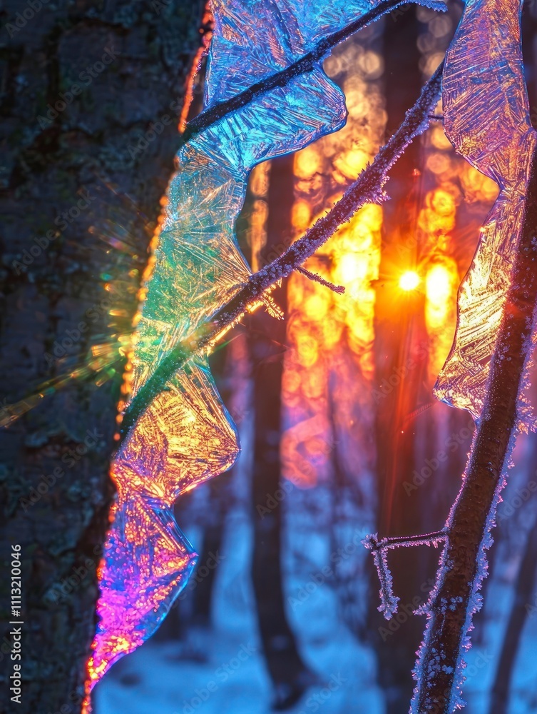 Fototapeta premium Stunning Close-Up of Colorful Icicles Hanging from Tree Branches at Sunrise with Glowing Light, Frosty Landscape, and Vibrant Nature Scenes