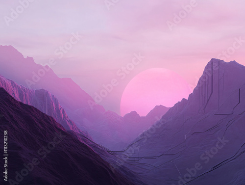 serene tech inspired landscape featuring mountains and pink sunset. scene evokes sense of tranquility and wonder, blending natural beauty with futuristic touch photo